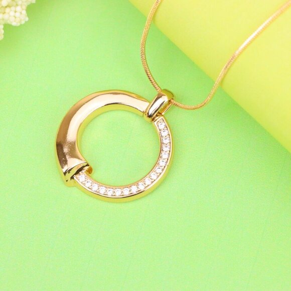 "Modern Rose Gold Circle Pendant with Half Crystal Accent Design, XPPT1256 - Picture 5 of 12